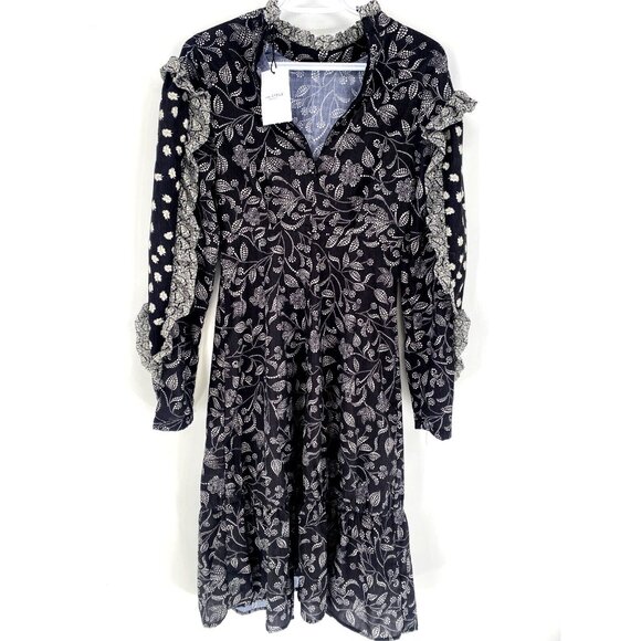 NWT Isabel Marant Etoile Black White Floral Dress Ruffles Zip Long Sleeve Sz 36 - Picture 15 of 16